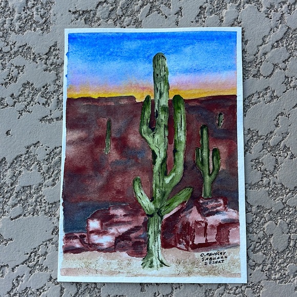 Watercolor of Saguaro Cactus by artist C. Hensley. 5 X 7”. Frame is not great. - Picture 5 of 5